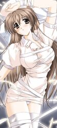  angel's_lesson aoi_hatori arm_up bandages bdsm bondage brown_eyes brown_hair entangled feathers highres long_hair nurse panties pantyshot solo thigh-highs thighhighs underwear yuuki_haruna_(angel's_lesson) 