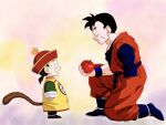  2boys amputee apple black_eyes black_hair dougi dragon_ball dragon_ball_(object) dragon_ball_z dual_persona food fruit highres holding holding_food holding_fruit male_focus missing_limb monkey_tail multiple_boys one_knee open_mouth scar scar_on_cheek scar_on_face smile son_gohan son_gohan_(future) susumu_(rei-h-0701) tail wristband 