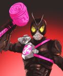 1boy absurdres armor black_armor black_background black_bodysuit bodysuit bug company_connection cycloneactionx gradient gradient_background grasshopper hammer highres holding holding_weapon kamen_rider kamen_rider_black kamen_rider_black_(series) kamen_rider_black_sun kamen_rider_black_sun_(character) kamen_rider_geats_(series) looking_at_viewer male_focus raise_hammer red_background single_shoulder_pad solo twitter_username two-tone_background upper_body weapon