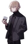  1boy absurdres black_coat black_pants black_sweater blonde_hair blue_eyes closed_mouth coat cup dainsleif_(genshin_impact) disposable_cup genshin_impact hand_in_pocket highres holding holding_cup looking_at_viewer male_focus medium_hair pants shuukenyuu simple_background solo sweater turtleneck turtleneck_sweater upper_body white_background 