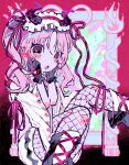  1girl black_gloves blush demon_horns dress fishnet_pantyhose fishnets frilled_hairband frills gloves hairband highres horns kiato medium_hair open_mouth original pantyhose pink_hair pink_ribbon ribbon sitting solo twintails wide_sleeves yami_kawaii 