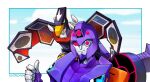  1girl artist_name decepticon english_commentary khirzava laserbeak looking_at_viewer mecha no_humans non-humanoid_robot portrait red_eyes robot robot_animal science_fiction shadow_striker_(transformers) smile thumbs_up transformers transformers_cyberverse 