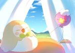  blush closed_eyes clouds commentary_request curtains day drifloon drooling grass mokukitusui no_humans open_mouth pokemon pokemon_(creature) rowlet saliva sky sleeping u_u window 