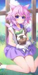  1girl animal animal_ears binato_lulu blush breasts cat_ears cat_girl cat_tail gloves hair_between_eyes hair_ornament highres looking_at_viewer neptune_(neptune_series) neptune_(series) pink_hair purple_hair purple_skirt short_hair sitting skirt small_breasts solo tail violet_eyes white_gloves 