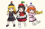  3girls :d :o arm_up black_eyes black_footwear black_hair black_headwear black_shirt black_skirt blonde_hair blue_eyes bow_(music) brown_eyes cosplay crescent crescent_hat_ornament drill_locks edgycat english_commentary full_body hat_ornament hime_cut holding holding_instrument index_finger_raised instrument keyboard_(instrument) long_hair looking_at_viewer luna_child lunasa_prismriver lunasa_prismriver_(cosplay) lyrica_prismriver lyrica_prismriver_(cosplay) merlin_prismriver merlin_prismriver_(cosplay) multiple_girls open_mouth orange_hair pink_headwear pink_shirt pink_skirt red_headwear red_shirt red_skirt shirt short_hair simple_background skirt smile socks star_(symbol) star_hat_ornament star_sapphire sun_hat_ornament sunny_milk touhou trumpet two_side_up violin white_background white_footwear white_socks 