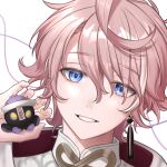  1boy absurdres bishounen blue_eyes chi_ra earrings highres holding jacket jewelry looking_at_viewer male_focus minase_(neo-porte) mole mole_under_eye multicolored_hair neo-porte pink_hair smile solo virtual_youtuber 