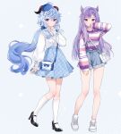  2girls alternate_costume anklet arm_up bag bare_legs black_footwear blue_hair blue_headwear blue_shorts blue_skirt blush braid casual cone_hair_bun covered_mouth covering_mouth double_bun floating_hair frilled_sleeves frills full_body ganyu_(genshin_impact) genshin_impact goat_horns hair_bun hand_up high_heels highres horns jewelry keqing_(genshin_impact) kneehighs knees_together_feet_apart leg_up long_hair long_sleeves looking_at_viewer multicolored_shirt multiple_girls nami_(nyaa) plaid plaid_skirt pleated_skirt polka_dot polka_dot_background ponytail puffy_long_sleeves puffy_sleeves purple_hair shirt shirt_tucked_in shoes short_shorts shorts shoulder_bag skirt sleeves_past_wrists sneakers socks standing standing_on_one_leg twintails white_bag white_footwear white_shirt white_socks 