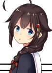  1girl ahoge black_hair black_shirt blue_eyes braid from_behind hair_flaps hair_ornament hair_over_shoulder himura_moritaka kantai_collection looking_at_viewer looking_back sailor_collar shigure_(kancolle) shigure_kai_ni_(kancolle) shirt single_braid solo upper_body white_sailor_collar 