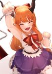  1girl :d arm_up armpits bangs blunt_bangs blurry bow bowtie chain clenched_hands closed_eyes cuffs depth_of_field eyebrows_hidden_by_hair foreshortening from_above happy highres ibuki_suika majime_joe orange_hair purple_skirt red_bow red_bowtie shackles simple_background skirt smile solo torn_clothes touhou white_background 