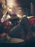  1girl absurdres alcohol ashe_(league_of_legends) black_footwear black_gloves black_nails black_pants black_vest boots closed_mouth crossed_legs cup drinking_glass fingerless_gloves gloves highres league_of_legends light_brown_hair light_smile long_hair necktie pants red_eyes red_lips red_necktie shirt sitting sleeves_rolled_up torn_clothes torn_pants vest whiskey white_shirt yoonsun_lee 