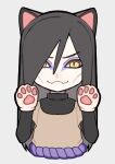  1boy :3 absurdres animal_ears animal_hands ayuaho black_hair cat_ears cat_paws chibi cropped_torso eyeliner facial_mark fake_animal_ears fang hair_over_one_eye highres long_hair looking_at_viewer makeup male_focus naruto_(series) orochimaru_(naruto) pale_skin paw_pose skin_fang slit_pupils solo straight-on yellow_eyes 