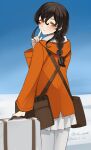  1girl bag blue_sky braid brown_hair clouds commentary_request day from_behind highres hood hooded_jacket jacket kantai_collection long_hair looking_at_viewer looking_back messenger_bag one-hour_drawing_challenge orange_eyes orange_jacket outdoors pantyhose pleated_skirt shoulder_bag single_braid skirt sky solo souya_(kancolle) souya_agb_(kancolle) suitcase toriniku_senshi_chikinman white_pantyhose white_skirt 