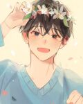  1boy bangs black_eyes black_hair blue_eyes blue_shirt blush clenched_hand commentary_request eoduun_badaui_deungbul-i_doeeo flower hair_between_eyes hand_up head_wreath heterochromia highres korean_commentary long_sleeves looking_at_viewer male_focus open_mouth park_moo-hyun seodae_7810 shirt short_hair simple_background smile solo upper_body white_flower yellow_background 