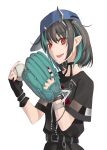  1girl 774_inc. absurdres bangs baseball baseball_cap baseball_mitt belt black_belt black_dress black_hair blue_hair blue_headwear blush bracelet commentary_request demon_girl demon_horns dress engacyo_(engacyo39800yen) eye_of_providence fang flat_chest hair_between_eyes hat highres horns jewelry looking_at_viewer multicolored_hair official_alternate_costume open_mouth pointy_ears red_eyes red_nails shishio_chris short_hair short_sleeves sideways_hat simple_background smile solo spiked_bracelet spikes sugar_lyric two-tone_hair upper_body virtual_youtuber white_background 