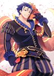  1boy blue_eyes blue_hair cape collarbone falling_petals fire_emblem fire_emblem:_the_blazing_blade fire_emblem_heroes gift gloves hector_(fire_emblem) highres looking_at_viewer male_focus nakabayashi_zun official_alternate_costume pectoral_cleavage pectorals petals short_hair smile valentine 