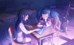  2girls amplifier aqua_hair aqua_nails bangs bare_legs black_hair black_thighhighs blurry blurry_background bracelet chair classroom closed_eyes colored_tips colorful_palette computer darkness desk elbow_rest fingernails frilled_cuffs frilled_skirt frilled_sleeves frills grey_shorts guitar_stand hair_behind_ear hatsune_miku head_rest highres hoshino_ichika_(project_sekai) indoors instrument instrument_request jewelry laptop laughing leo/need_(project_sekai) light_particles long_hair multicolored_hair multiple_girls neck_ribbon official_art on_chair open_mouth paperclip_hair_ornament pink_hair pink_ribbon pink_skirt plaid plaid_skirt plaid_wrist_cuffs pleated_skirt profile project_sekai pullover ribbon school_chair school_desk shadow shiny shiny_hair shoe_rack shorts sidelighting sidelocks single_wrist_cuff sitting skirt straight_hair streaked_hair studded_bracelet swept_bangs thigh-highs triangle twintails vocaloid wing_collar wooden_floor wrist_cuffs 