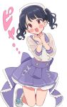  1girl black_hair commentary_request fangs fukumaru_koito full_body highres idolmaster idolmaster_poplinks idolmaster_shiny_colors looking_at_viewer miniskirt open_mouth purple_skirt sailor_collar saito_katuo see-through see-through_sleeves skin_fangs skirt solo tears twintails violet_eyes white_background 