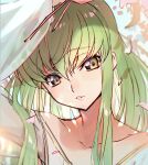  1girl bangs c.c. code_geass creayus falling_petals green_hair long_hair looking_at_viewer open_mouth petals smile solo 