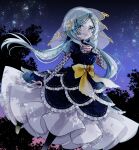  1girl :d aqua_eyes arm_at_side ayumaru_(art_of_life) bangs black_pantyhose blue_dress blue_hair blush bow brown_footwear dark_background dot_nose dress foot_out_of_frame frilled_dress frills hand_on_own_chest layered_dress layered_sleeves leg_up light_blue_hair long_dress long_hair long_sleeves looking_at_viewer low-tied_long_hair low_twintails magia_record:_mahou_shoujo_madoka_magica_gaiden magical_girl mahou_shoujo_madoka_magica mole mole_under_eye night night_sky orange_gemstone pantyhose parted_bangs shoes short_over_long_sleeves short_sleeves sidelocks sky smile solo star_(sky) starry_sky toki_sunao twintails veil very_long_hair yellow_bow 