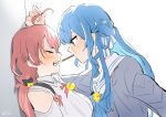  2girls ahoge artist_name blue_eyes blue_hair blush closed_eyes commentary_request dated detached_sleeves face-to-face facing_another food from_side grabbing_another&#039;s_hair highres hololive hoshimachi_suisei kabedon kamejikiriga looking_at_another multiple_girls pink_hair pocky pocky_kiss profile sailor_collar sakura_miko upper_body virtual_youtuber yuri 