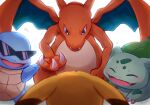  :d blue_eyes blush bright_pupils bulbasaur charizard claws closed_eyes commentary_request fangs highres open_mouth pikachu pokemon pokemon_(anime) pokemon_(classic_anime) pokemon_(creature) shii_(no-va_could) smile squirtle squirtle_squad tongue white_pupils 