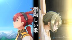  1boy 1girl ahoge asticassia_school_uniform bangs black_hairband blue_sky bound collarbone commentary elan_ceres episode_title from_side gundam gundam_suisei_no_majo hairband light light_brown_hair long_hair low_ponytail mountain pixiv_id pixiv_logo redhead school_uniform serike_w short_hair sidelocks signature sky suletta_mercury twitter_logo twitter_username upper_body 