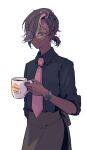  1boy apron black_hair black_pants black_shirt brown_apron brown_eyes coffee_mug collared_shirt cookie_run cup dark-skinned_male dark_skin espresso_cookie hair_over_one_eye highres holding holding_cup humanization looking_at_viewer low_ponytail male_focus mug multicolored_hair necktie official_alternate_costume pants pink_necktie print_mug round_eyewear shirt short_hair short_ponytail simple_background slit_pupils solo streaked_hair tuko waist_apron watch watch white_background white_hair 