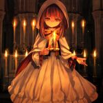  1girl architecture arm_ribbon bangs bow brown_hair building candle candlelight candlestand capelet choker church closed_mouth column commentary_request commission dress fallenshadow flat_chest gothic_architecture holding holding_candle hood hood_up hooded_capelet indie_virtual_youtuber indoors kokuzu looking_at_viewer medium_hair non-web_source petite pillar red_bow red_choker red_eyes red_ribbon ribbon second-party_source sidelocks single_wrist_cuff skeb_commission solo standing virtual_youtuber white_capelet white_dress wrist_cuffs 