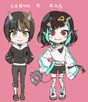  2girls 774_inc. absurdres black_hair black_jacket black_pants black_shorts blue_hair blush breasts brown_hair closed_mouth commentary_request demon_girl demon_horns demon_tail fang fang_out full_body grey_choker grey_hair grey_sweater hair_ornament hairclip hands_in_pocket highres horns jacket long_sleeves looking_at_viewer medium_hair midriff mikeneko_nanashi multicolored_hair multiple_girls official_alternate_costume pants pink_background pointy_ears red_eyes shishio_chris shoes short_hair shorts simple_background single_bare_shoulder sleeves_past_fingers sleeves_past_wrists small_breasts smile sneakers standing strap_slip sugar_lyric sweater tail tengu_nimuru thigh-highs two-tone_hair virtual_youtuber white_footwear yellow_eyes 