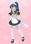  1girl :d absurdres apron bangs black_dress black_footwear blue_eyes commentary_request dress eyelashes frills full_body hands_up heart heart_hands highres hikari_(pokemon) knees looking_at_viewer maid maid_headdress miraa_(chikurin) neck_garter open_mouth outline pink_background pokemon pokemon_(anime) pokemon_dppt_(anime) ponytail shoes short_sleeves sidelocks smile solo sparkle thigh-highs tongue white_apron 