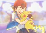  1boy :d abe_(kumayu) ash_ketchum backwards_hat bangs baseball_cap blue_jacket blurry brown_hair commentary_request dynamax_band fingerless_gloves gloves happy hat highres jacket male_focus open_mouth pikachu pokemon pokemon_(anime) pokemon_(creature) pokemon_journeys red_headwear shirt short_hair short_sleeves shorts single_glove sleeveless sleeveless_jacket smile t-shirt teeth upper_teeth 