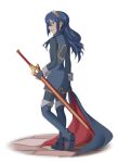  1girl absurdres bangs blue_eyes blue_footwear blue_gloves blue_hair boots cape cape_removed fingerless_gloves fire_emblem fire_emblem_awakening from_behind full_body gloves highres holding holding_cape holding_clothes holding_sheath ikonaska long_hair long_sleeves looking_at_viewer looking_back lucina_(fire_emblem) open_mouth sheath sheathed solo sword symbol_in_eye thigh_boots tiara weapon white_background 
