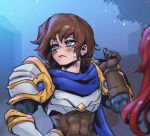  1girl armor blue_eyes blush breastplate brown_bodysuit brown_gloves brown_hair closed_mouth commentary_request garen_(league_of_legends) genderswap genderswap_(mtf) gloves katarina_(league_of_legends) league_of_legends looking_to_the_side night outdoors phantom_ix_row shiny shiny_hair shoulder_plates sweatdrop upper_body 