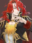  1boy arvis_(fire_emblem) cape clothing_cutout cropped_jacket epaulettes fire_emblem fire_emblem:_genealogy_of_the_holy_war long_hair male_focus nomeringo red_cape red_eyes redhead signature solo upper_body wavy_hair 