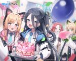  +_+ 4girls animal_ears aris_(blue_archive) balloon blue_archive blue_eyes blue_hair blush bow brown_hair cake cat_ears food green_eyes hair_bow halo headphones long_hair midori_(blue_archive) momoi_(blue_archive) multiple_girls nannung necktie official_art open_mouth pink_eyes redhead smile yuzu_(blue_archive) 
