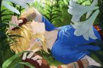  1boy blonde_hair blue_tunic closed_eyes earrings eyelashes fingerless_gloves flower from_side gloves grass hand_on_own_head jewelry lily_(flower) link lying male_focus nomeringo on_back signature solo the_legend_of_zelda the_legend_of_zelda:_breath_of_the_wild tunic upper_body 