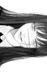  1girl bangs black_hair chainsaw_man close-up collared_shirt commentary greyscale highres long_hair looking_at_viewer monochrome n9c4z portrait ringed_eyes scar scar_on_cheek scar_on_face scar_on_nose shirt sideways simple_background smile solo straight-on straight_hair white_background white_shirt yoru_(chainsaw_man) 
