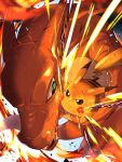  brown_eyes charizard closed_mouth commentary_request electricity eye_contact fire green_eyes highres looking_at_another miramiraa_(wniwnidonn) no_humans pikachu pokemon pokemon_(creature) pokemon_battle scrape spoilers white_background 