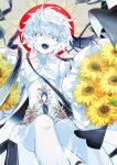  1girl black_sclera colored_sclera detached_sleeves fate/grand_order fate_(series) flat_chest flower frilled_sleeves frills highres knees looking_at_viewer open_mouth shirt short_hair smile solo sunflower van_gogh_(fate) van_gogh_(third_ascension)_(fate) white_eyes white_hair white_shirt yohki 