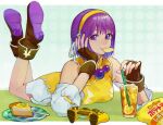  1girl alternate_color asamiya_athena blue_background boots breasts chips_(food) dress eating fingerless_gloves food gloves hair_ornament hairband hand_on_own_cheek hand_on_own_face jewelry looking_at_viewer lying medium_breasts on_stomach oni_gini orange_juice orange_nails playstation_controller polka_dot polka_dot_background purple_hair smile solo star_(symbol) star_hair_ornament tart_(food) the_king_of_fighters the_king_of_fighters_xv the_pose violet_eyes yellow_hairband 
