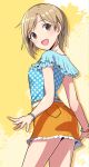  1girl :d aiba_yumi blue_shirt bracelet brown_eyes brown_hair cowboy_shot frilled_skirt frills from_side head_tilt idolmaster idolmaster_cinderella_girls jewelry looking_at_viewer miniskirt open_mouth orange_skirt print_shirt shadow shiny shiny_hair shirt short_hair skirt smile solo standing yama_tatsuo 