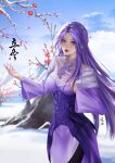  1girl absurdres artist_request blue_sky branch clouds dress flower highres long_hair long_sleeves looking_at_viewer mountain needle parted_lips purple_dress purple_hair qin_shi_ming_yue second-party_source shiny shiny_hair sky snow solo under_clothes upper_body violet_eyes zi_nu_(qin_shi_ming_yue) 