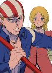  1boy 1girl absurdres bandana beniazumaru billy_kane blonde_hair blue_eyes braid brother_and_sister dress fatal_fury highres holding holding_weapon jacket lilly_kane long_hair looking_at_viewer muscular no_shirt open_clothes short_hair siblings staff the_king_of_fighters twin_braids weapon 