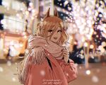  1girl blonde_hair blurry blush bokeh carrotsprout chainsaw_man christmas cross-shaped_pupils depth_of_field fang hair_between_eyes highres horns light_particles looking_at_viewer open_mouth pink_sweater power_(chainsaw_man) red_eyes red_horns scarf smile solo sweater twitter_username white_scarf 