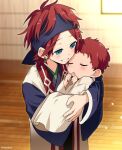  2boys :o aged_down amagi_hiiro amagi_rinne baby baby_carry bangs blue_headband blue_kimono brothers carrying closed_eyes coat earrings ensemble_stars! happy_tears headband japanese_clothes jewelry kimono light_blush light_particles looking_at_another male_child male_focus multiple_boys odayakao parted_bangs redhead short_hair siblings sleeveless_coat smile tearing_up tears upper_body white_coat white_kimono wooden_floor 