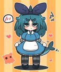  1girl absurdres alternate_costume apron bangs black_footwear black_hairband black_ribbon blue_dress blue_eyes blue_hair blush_stickers chibi closed_mouth collared_dress commentary_request dress fish_tail fuka-chan full_body hair_ribbon hairband heart highres long_hair looking_at_viewer original pantyhose parted_bangs puffy_short_sleeves puffy_sleeves ribbon shark_tail shoes short_eyebrows short_sleeves solo spoken_blush standing striped striped_background striped_pantyhose tail thick_eyebrows uni_souchou vertical_stripes waist_apron white_apron 
