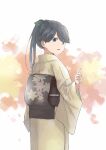  1girl black_eyes black_hair houshou_(kancolle) japanese_clothes kantai_collection kimono long_hair long_sleeves matsutani obi open_mouth ponytail sash solo upper_body wide_sleeves yellow_kimono 