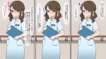  1girl blue_eyes blush brown_hair buta_otoko clipboard frown glasses highres holding holding_clipboard long_hair looking_at_viewer nurse original paid_reward_available solo translation_request twintails 