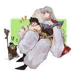  1boy 1girl 1other armor bangs black_eyes black_footwear black_hair blush character_request chya_dan_go12 commentary_request crescent facial_mark forehead_mark fur grey_hair highres inuyasha japanese_clothes kimono long_hair looking_at_viewer open_mouth pointy_ears sesshoumaru simple_background sitting sword very_long_hair very_long_sleeves weapon white_background wide_sleeves yellow_eyes 