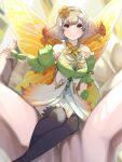  1girl absurdres bare_shoulders black_thighhighs blonde_hair breasts dress drill_hair fairy_wings fire_emblem fire_emblem_heroes flower gradient_clothes hair_flower hair_ornament hair_vines highres ikura_(downdexp) large_breasts peony_(fire_emblem) showgirl_skirt sleeveless sleeveless_dress smile solo tagme thigh-highs violet_eyes wings zettai_ryouiki 